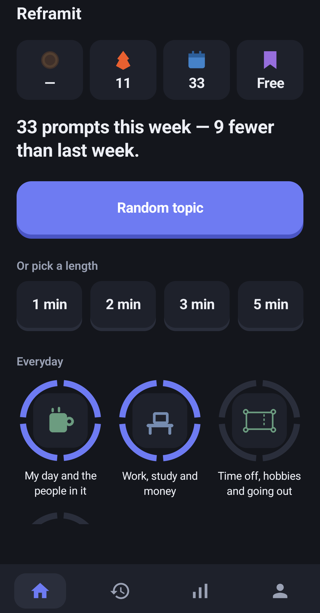 The Reframit home screen: topic packs shown as circular tiles, each ringed by its progress across four answer lengths.